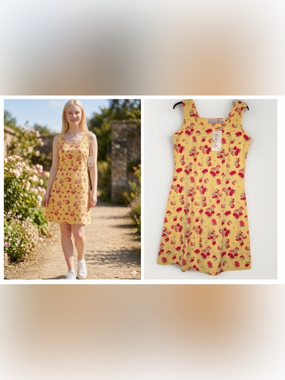 Basic Editions Vtg 90s K Mart Dress Cotton Soft Stretch Yellow Red Floral M